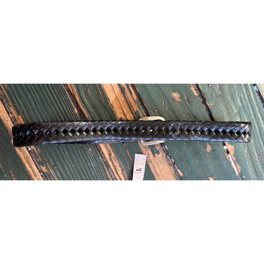 Black Braided Leather Belt Silver Buckle Woven Strap RN130275 Size Small